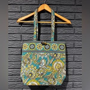 Retired Vera Bradley Tote Shoulder Bag Hook & Loop Closure Flower/Peacock Blue